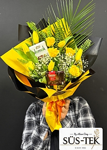 5 Sarı Lale 5 Sarı Gül Damak ve Nesle Çikolata Buketi